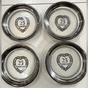 Vintage Kimiko Silver 25th Anniversary Bar Ware‎ Set 4 Coasters